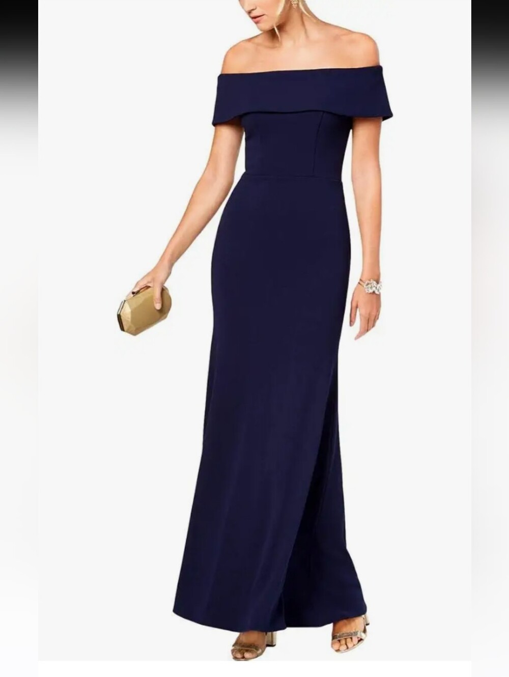 Betsy & Adam Off The Shoulder Fitted Navy Dress Ruffle Back Women's Size 4